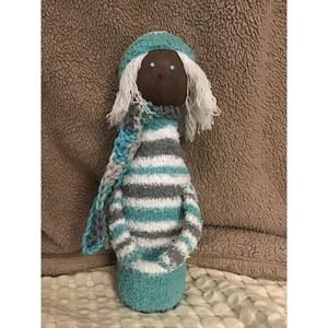 Handmade Fabric Doll Winter Hat Scarf Striped Sweater‎ Teal Gray White